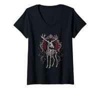 Womens Gothic Skeleton Deer Antlers Dark Forest Skull Aesthetic V-Neck T-Shirt