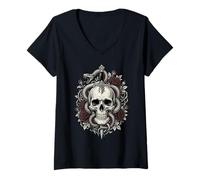 Women's Gothic Skull Snake Dagger Roses Dark Floral Tattoo Style V-Neck T-Shirt