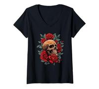 Women's Gothic Skull with Red Roses Dark Romance Floral Aesthetic V-Neck T-Shirt