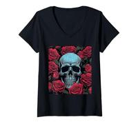 Womens Gothic Skull with Roses Dark Horror Floral V-Neck T-Shirt