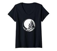 Womens Gothic, Spooky Crumbling Castle on Hill with Full Moon V-Neck T-Shirt