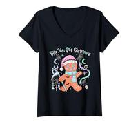 Womens Gothic Spooky Kawaii Christmas Haunted Gingerbread Cookie V-Neck T-Shirt