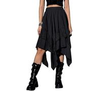 Womens Gothic Steampunk Skirt Y2k Vintage Goth Asymmetrical Hem Contrast Lace Layered Midi Skirt Flowy Fairy Renaissance Cosplay Costume (A-Black, XL)
