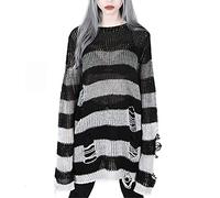 Womens Gothic Striped Knitted Jumper with Hole Ripped Distressed Look Oversized Sweater Y2K Pullover Long Sleeves Loose Fit 90s Grunge Style Stripe Pattern