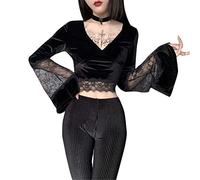 Women's Gothic Top with Trumpet Sleeves, Sexy Women's V-Neck Vintage Solid Colour Slim Short Top Casual Chic Lace Patchwork Renaissance Medieval Court Steampunk Halloween Carnival Shirt