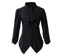 Womens Gothic Victorian Steampunk Ruffle Vamp Renaissance Pirate Blouse Shirt Top - Black - 10