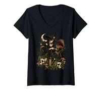 Women's Gothic Witch Halloween Dark Botanical Horror Garden V-Neck T-Shirt