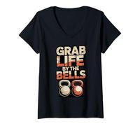 Women's Grab Life by Bell Bodybuilding Lifting Gym Lovers Kettlebell V-Neck T-Shirt