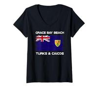 Women's Grace Bay Beach Turks and Caicos Flag Distressed V-Neck T-Shirt