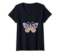 Womens Grace Butterfly - Personalized Cute Name Word Art V-Neck T-Shirt