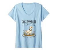 Women's Grace Grows Here Cute Duck Floral Cottagecore Farmhouse V-Neck T-Shirt