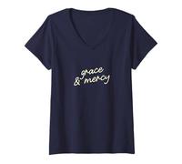 Women's Grace & Mercy Christian Minimalist Faith Script V-Neck T-Shirt