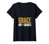 Women's Grace Not Grades Christian Teacher Jesus Faith Bible V-Neck T-Shirt