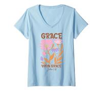 Women's Grace Upon Grace Bible Verse Inspiration Floral God Faith V-Neck T-Shirt