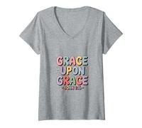 Womens Grace Upon Grace John 1 16 Bible Verse Christian V-Neck T-Shirt