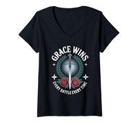 Womens Grace Wins Every Battle Christian Streetwear V-Neck T-Shirt