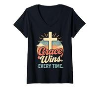 Womens Grace Wins Every Time Christian Cross Born Again In Jesus V-Neck T-Shirt