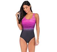 Womens Gradient Color X Back Swimming Costume Ladies Round Neck One Piece Swimsuit