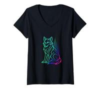 Womens Gradient Geometric Wolf - Minimalist Linear Art Design V-Neck T-Shirt