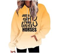 Women's Gradient Hoodie with Big Pockets - Hip Hop Style Sports Sweatshirt, Loose Long Sleeve Top, Just A Girl Who Loves Horses Letter Print (Yellow, S)