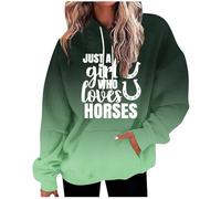 Women's Gradient Hoodie with Big Pockets - Hip Hop Style Sports Sweatshirt, Loose Long Sleeve Top, Just A Girl Who Loves Horses Letter Print (Green, XXL)