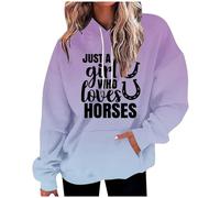 Women's Gradient Hoodie with Big Pockets - Hip Hop Style Sports Sweatshirt, Loose Long Sleeve Top, Just A Girl Who Loves Horses Letter Print (Purple, XL)