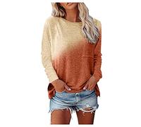 Women's Gradient O-Neck Long Sleeve Loose Casual T-Shirt Deep Neck Women Blouse, yellow, L