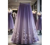 Women's Gradient Purple Tulle Long Skirt Floral Butterfly Print High Waist A-Line Skirt for Party Vacation Daily Wear, XS-XXL