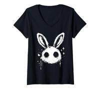 Women's Graffiti Creepy Cute Bunny Rabbit Alt Goth Grunge Horror V-Neck T-Shirt