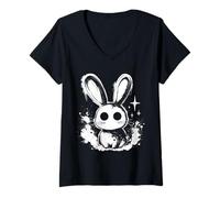 Women's Graffiti Creepy Cute Bunny Rabbit Alt Goth Grunge Horror V-Neck T-Shirt
