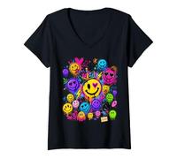Women's Graffiti Happy Face Street Art Color Pop Graphic Design V-Neck T-Shirt
