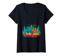 Womens Graffiti Ljubljana Skyline Souvenir V-Neck T-Shirt