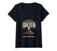 Women's Grafted in Rooted in The Promise Romans 11 Olive Tree V-Neck T-Shirt
