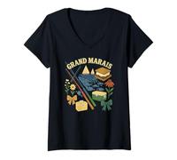 Womens Grand Marais Fishing Lake Day Nature Cottagecore Art V-Neck T-Shirt