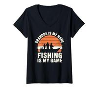Womens Grandad Fishing - Grandpa Is My Name Fishing Is My Game V-Neck T-Shirt