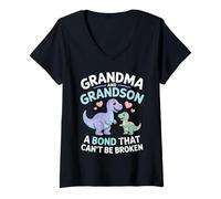 Womens Grandma and Grandson A Bond That Can't Be Broken Dinosaur V-Neck T-Shirt