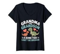 Womens Grandma and Grandson A Bond That Can't Be Broken Dinosaur V-Neck T-Shirt