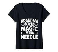 Women's Grandma Makes Magic with A Needle Sewing Humor V-Neck T-Shirt