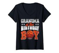 Womens Grandma of The Birthday Boy Basketball Family Baller Party V-Neck T-Shirt