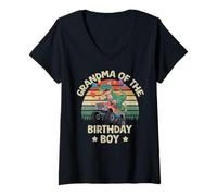 Womens Grandma of The Birthday Party Monster Truck T-Rex Grandma V-Neck T-Shirt