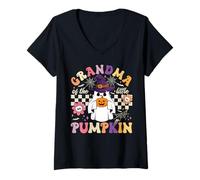 Womens Grandma of The Little Pumpkin Halloween Spooky Ghost V-Neck T-Shirt