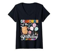 Womens Grandmom of The Birthday Capybara Girl Bday Party Family V-Neck T-Shirt
