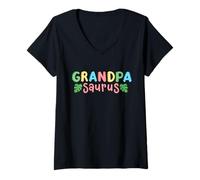 Womens Grandpa Saurus Kids Dinosaur Birthday Party Family Matching V-Neck T-Shirt