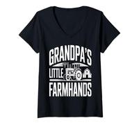 Women's Grandpas Little Farmhands Tractor Barn Scene V-Neck T-Shirt