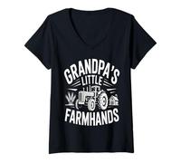 Women's Grandpas Little Farmhands Tractor Barn Scene V-Neck T-Shirt