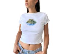 Womens Graphic Baby Tee Y2K Fruit Printed Short Sleeve Slim Fitted T-Shirt Crop Top Teenages Girls 90s Cute Vintage Aesthetic Clothes (White Olive Bowl, L)