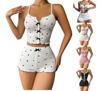 Womens Graphic Camouflage Pajama Set, 2 Pc Ruffled Hem Bow Accent Sleepwear, Summer Cute Ribbed Crop Cami Outfit, Casual Loose Lounge Suit, Heart Print Mid Rise Drawstring Shorts Set