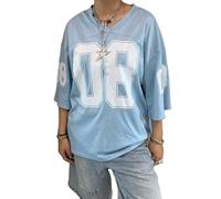 Women's Graphic Football Jersey Shirts Tops Y2k Number Oversized Tees Half Sleeve Sport V Neck Tshirt Streetwear (Blue, M)