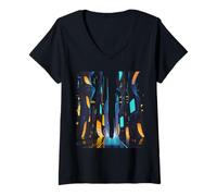 Womens Graphic Futuristic Urban Neo-Cyberpunk Art Night A V-Neck T-Shirt