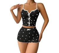 Womens Graphic Pajama Set Summer Cute Crop and Shorts Ribbed 2 Sets Bikini Cover (Black, S)
